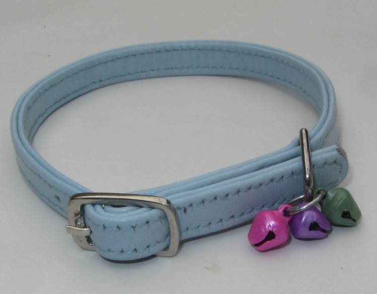 Blue sheep Nappa leather cat collar with bells shown in the catalogue image